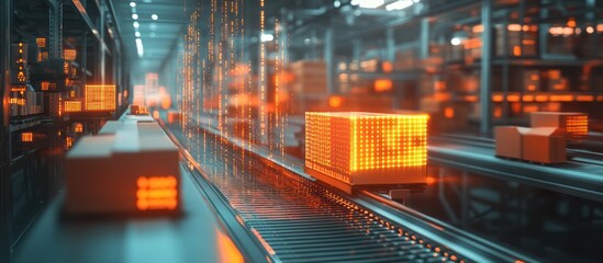 Automated warehouse with boxes moving on a conveyor belt in a futuristic setting.