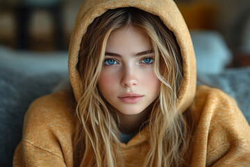 A stubborn teenage girl pulls her hood over her head, avoiding her mom’s apology while sitting on a couch at home.
