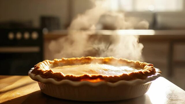 Delicious hot pumpkin pie with steam on the kitchen table