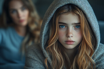 A stubborn teenage girl pulls her hood over her head, avoiding her mom’s apology while sitting on a couch at home.
