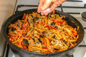 Chef salts fried eggplants with vegetables in an old cast-iron frying pan. Eggplant caviar. Cooking