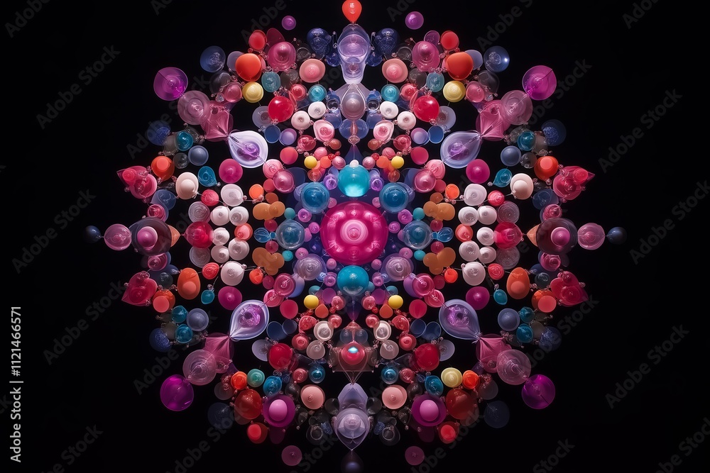 Poster a mesmerizing circular mandala made of tiny, intricate geometric shapes in bright colors.
