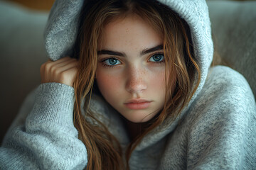 A stubborn teenage girl pulls her hood over her head, avoiding her mom’s apology while sitting on a couch at home.
