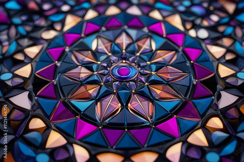 Poster a mesmerizing circular mandala made of tiny, intricate geometric shapes in bright colors.