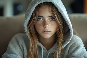 A stubborn teenage girl pulls her hood over her head, avoiding her mom’s apology while sitting on a couch at home.
