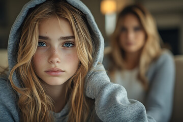 A stubborn teenage girl pulls her hood over her head, avoiding her mom’s apology while sitting on a couch at home.
