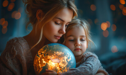 Naklejka premium Mother and daughter share a warm moment with globe. Warm embrace between a mother and daughter as they hold a glowing globe, surrounded by soft lights in a cozy setting.