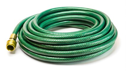 A green garden hose coiled, isolated on a white background, showcasing its durable design, ideal for outdoor watering and gardening tasks, a practical tool for maintaining a healthy garden