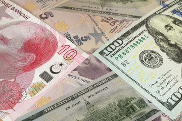Turkish lira and US dollar banknotes. Cash. Financial concept.
