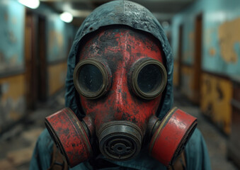 Individual in gas mask exploring abandoned hallway. A person wearing a red gas mask walks through a dilapidated hallway of an abandoned building with peeling walls.