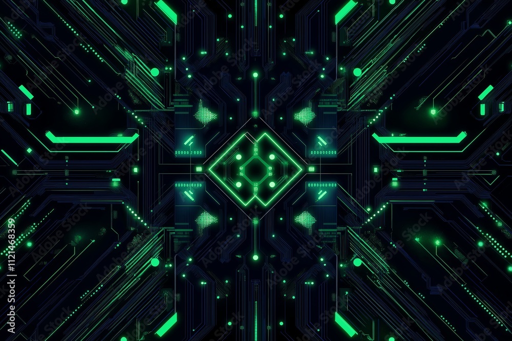 Poster a high-tech circuit board pattern with glowing green and blue details