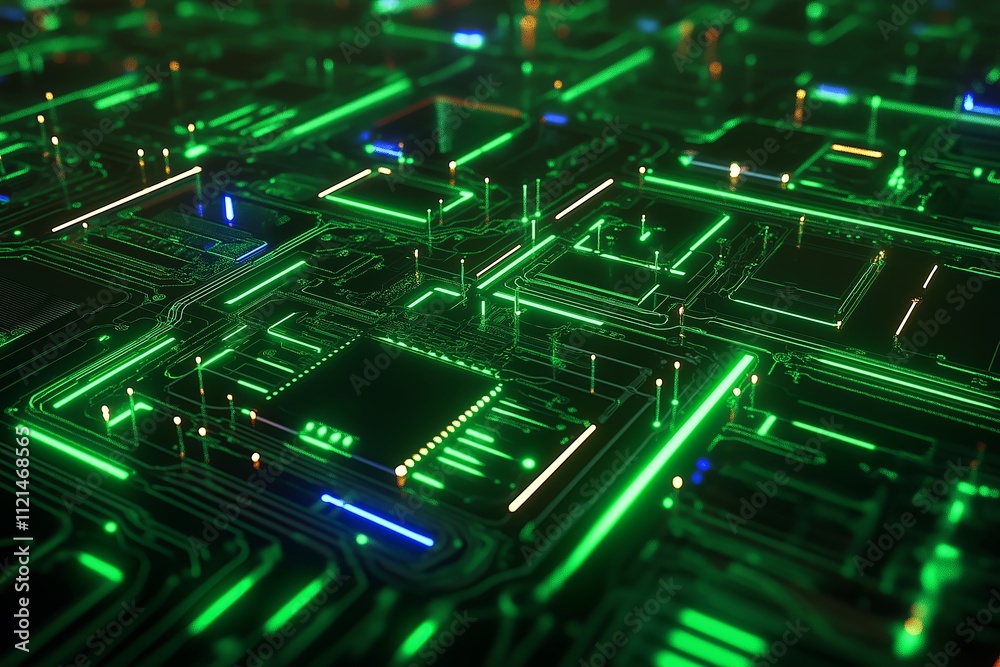 Poster a high-tech circuit board pattern with glowing green and blue details