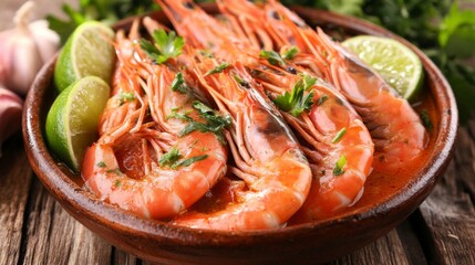 Fresh Grilled Shrimp with Lime and Green Herbs on Wooden Table