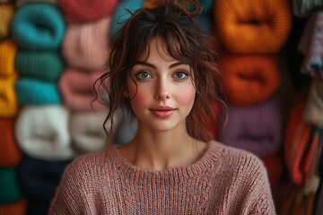 Fototapeta premium A woman stands amazed in a vibrant boutique, in front of a colorful wall of neatly displayed sweaters, showcasing excitement. 