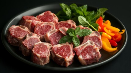 Fototapeta premium Fresh Raw Meat Cuts with Mint and Colorful Bell Peppers on Plate