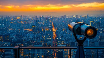 Cityscape sunset viewed through a coin-operated telescope.