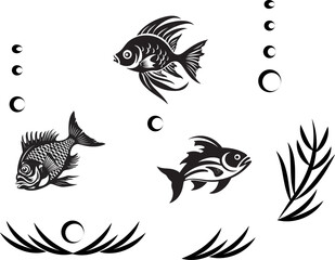Seamless pattern. Background. Fish, seaweed. Flyer background design, advertising background, fabric, clothes, texture, textile pattern.