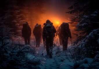 Fototapeta premium Hikers trek through snowy forest towards warm glow. A group of hikers walks through a snowy forest at night, heading toward a warm glowing light in the distance.