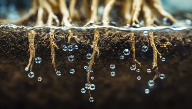 Roots absorbing water from soil, showcasing subterranean view with bubbles rising. This captures intricate relationship between plants and their environment