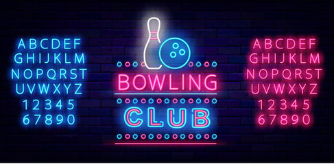 Bowling club neon label. Ball and pin. Strike winning. Sport tournament sign. Vector stock illustration