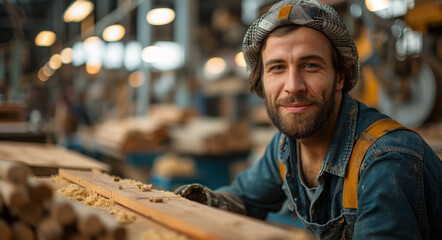 Smiling carpenter working with wood in workshop. A young carpenter with a beard shows pride in his work while shaping wood at a busy workshop during the day.
