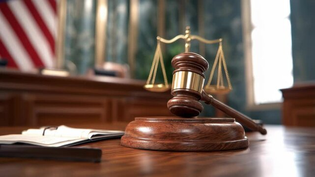A close-up view of a gavel and scales of justice in a courtroom setting, representing law and order.