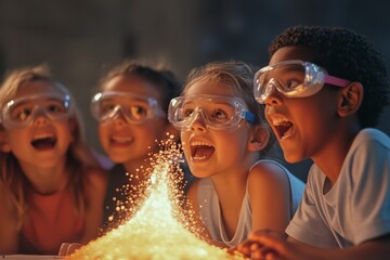 Fototapeta premium Excited children, wearing safety goggles, gather around a bright, sparking scientific experiment, glowing with curiosity and discovery.