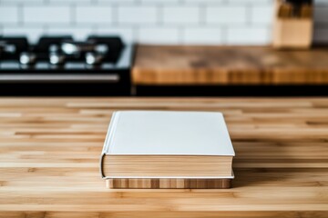 Fototapeta premium A Simple White Book Resting on a Wooden Surface in a Modern Kitchen Setting, Perfect for Conceptual Visuals Related to Cooking, Learning, and Reading