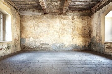 Obraz premium Abandoned and Weathered Interior Space with Cracked Walls and Empty Floor, Perfect for Creative Projects, Photography, and Artistic Inspiration in Urban Decay Aesthetic
