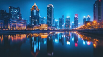 Fototapeta premium Night Scene of Shanghai Skyline Reflected on Calm Waters