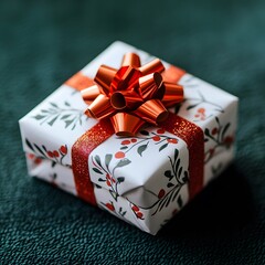A small parcel wrapped in festive paper, with a bright red bow on top, waiting to be opened.