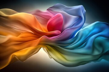 Obraz premium flowing rainbow fabric creating an elegant abstract flower shape with vibrant colors and soft lighting against a gradient background, symbolizing beauty and creativity