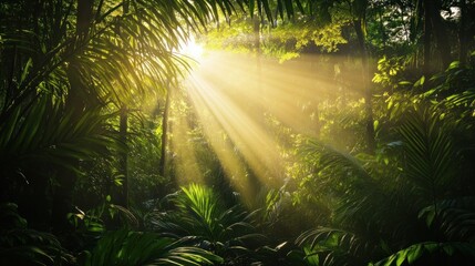 Obraz premium Sunbeams Illuminating Lush Tropical Rainforest