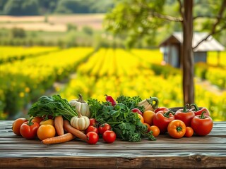 "Rustic Wooden Tabletop with Vegetables