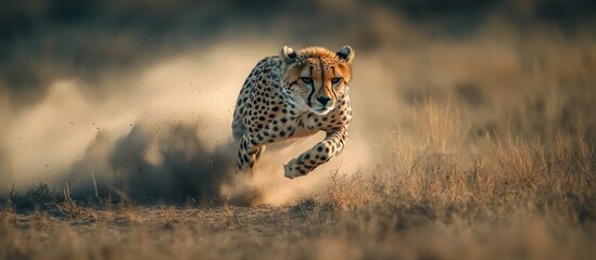 A cheetah runs through tall grass, kicking up dust with its powerful strides.