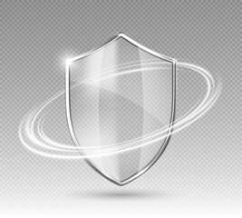 Transparent glass protection shield with glow effect. Safeguard sign. Security concept. Vector illustration