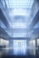 Obraz premium Modern Glass and Steel Architectural Interior with Bright Natural Lighting