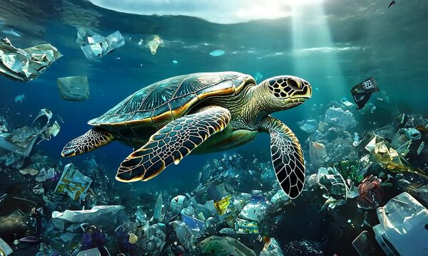 A sea turtle swims through a polluted ocean filled with debris, highlighting the impact of plastic waste on marine life.