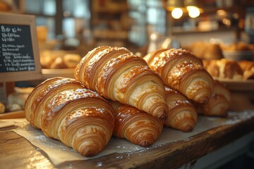 A stack of freshly baked croissants on a bakery counter. Generative AI