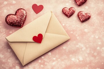 Beautiful Handmade Envelope with Red Heart on Pink Glitter Background Surrounded by Sparkling Hearts Perfect for Romantic Invitations or Love Notes