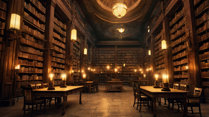 A mesmerizing view of an ancient library filled with towering wooden shelves, glowing lanterns, and countless aged books, each radiating a golden magical aura in a quiet, mystical ambiance.