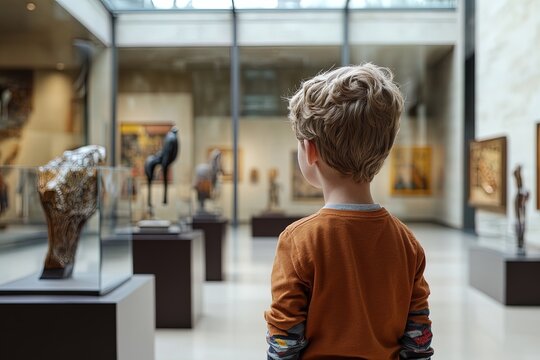 Young child explores modern art exhibition in a contemporary museum setting during daytime