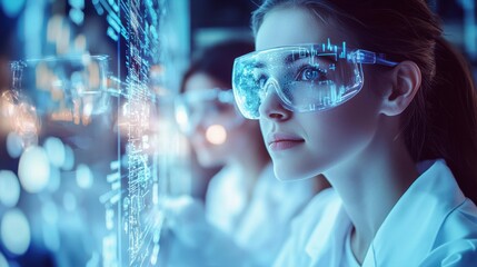 A young woman wearing glasses looks at the holographic display screen