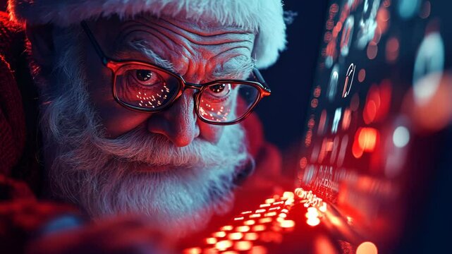Santa Claus working on a laptop while preparing for Christmas, showcasing a festive atmosphere with colorful lights