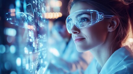 A young woman wearing glasses looks at the holographic display screen