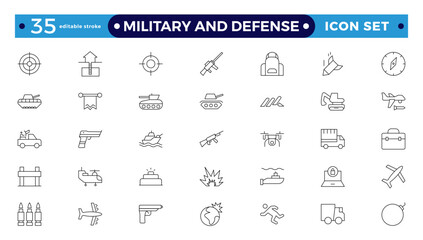Military equipment, combat war weapon line icon set. Missile bomb and grenade, pistol and medal of army soldier, target of gun drone Military and Defense editable stroke outline icon.