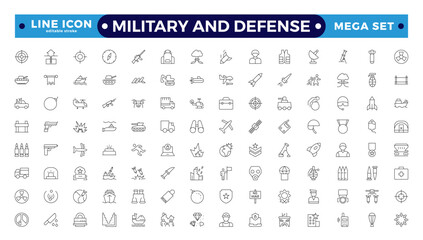 Military equipment, combat war weapon line icon set. Missile bomb and grenade, pistol and medal of army soldier, target of gun drone Military and Defense editable stroke outline icon.