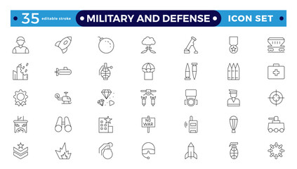 Military equipment, combat war weapon line icon set. Missile bomb and grenade, pistol and medal of army soldier, target of gun drone Military and Defense editable stroke outline icon.