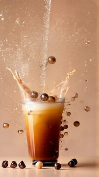 Iced bubble tea with milk and boba splashing in a plastic cup, surrounded by colorful sprinkles on a peach background. ai