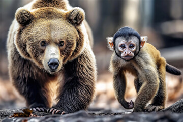 Obraz premium A bear walking through a forest with a curious baby monkey on its back. A unique and heartwarming depiction of unlikely animal friendship in the wild.